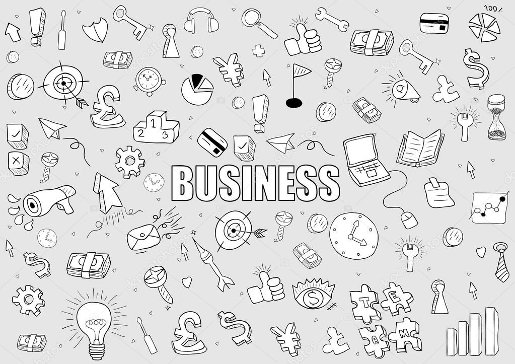 Business doodles objects background, drawing by hand vector