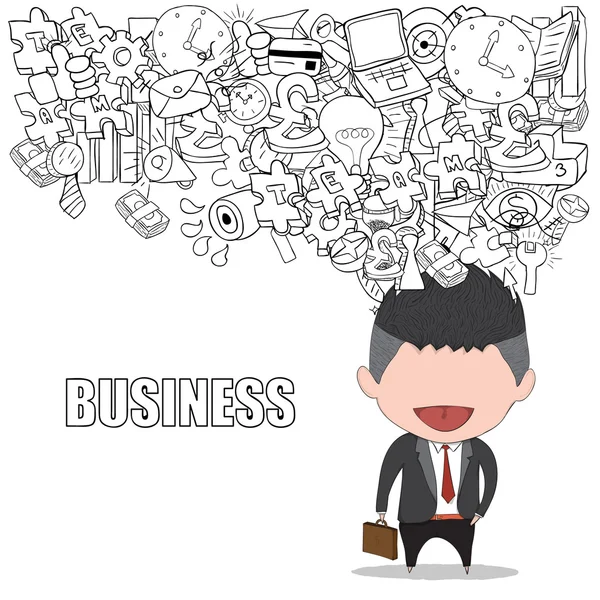 Happy face businessman on business doodles objects background., — Stock Vector
