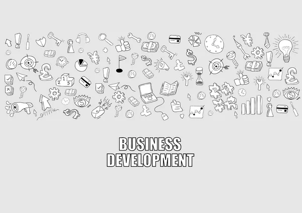 Business development doodles objects background, drawing by hand — Stock Vector