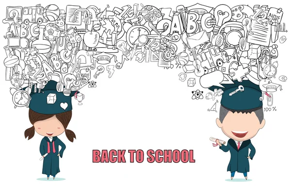 Graduated boy and girl pupils back of school background — Stock Vector