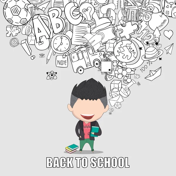 Graduated boy pupils back of school background, drawing by hand — Stock Vector