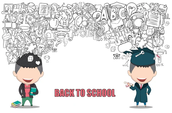 Graduated boy pupils back of school background, drawing by hand — Stock Vector