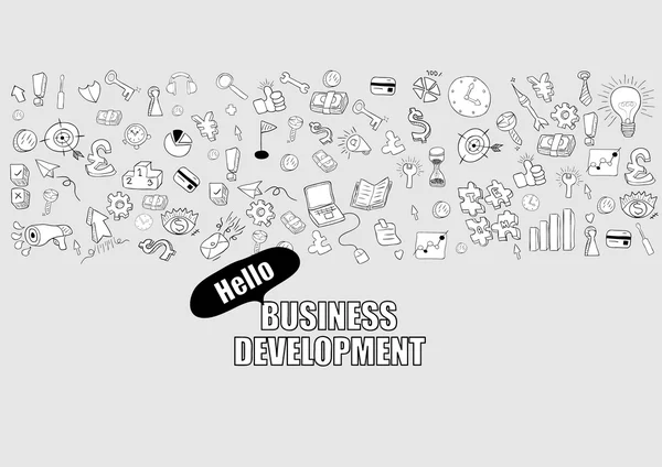Ciao Business sviluppo doodles oggetti sfondo, disegno a mano vettore — Vettoriale Stock