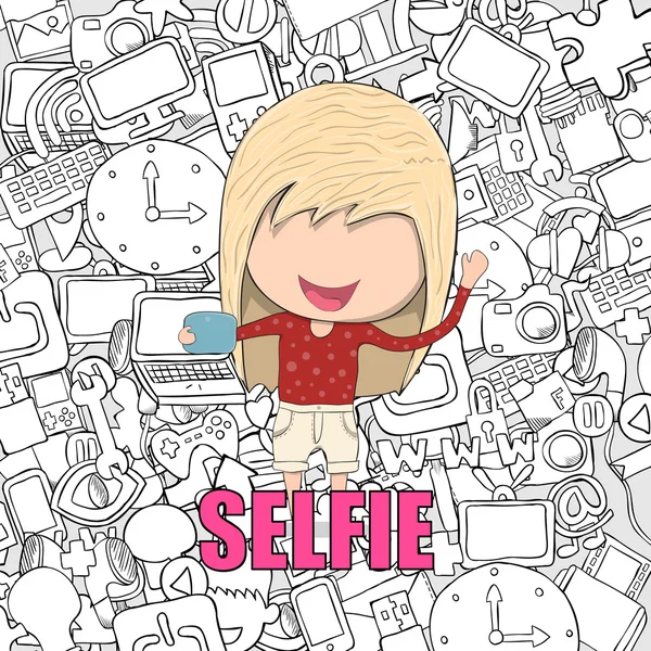 Menina adolescentes foi selfie com telefone feliz com ícones de mídia — Vetor de Stock