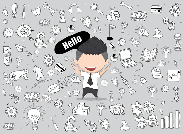 Cara feliz hombre de negocios doodles objetos fondo . — Vector de stock