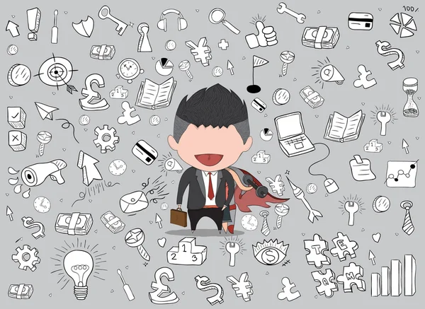 Cara feliz empresario hola negocio doodles objetos fondo — Vector de stock