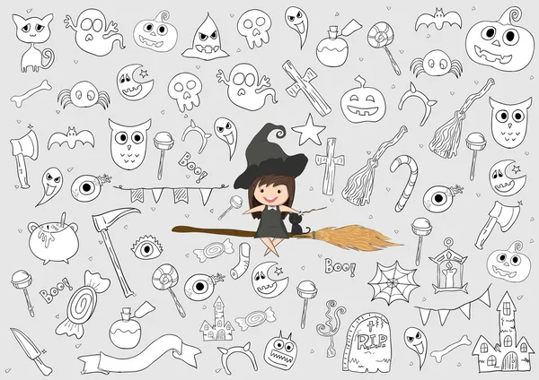 Sorcière mignonne et noire chat balade sur balai, Halloween, gribouillis — Image vectorielle