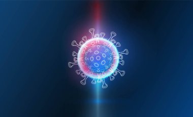 Mavi fütüristik arkaplan arama yeniliği arka plan vektör tasarımı üzerine Coronavirus COVID-2019 hologramı .
