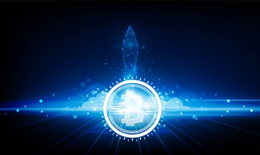 Soyut İş Roket Konsepti ile ürün başlatmaya başlayın. Teknoloji arka planını aydınlat Hitech iletişimi bitcoin gelecekteki konsept yenilik arka planı, vektör tasarımı