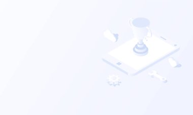 İzometrik arkaplan vektör tasarımında futbol konseptinin mobil sosyal medya şampiyonluğu kupası.