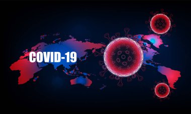 Kırmızı soyut Bokeh Light arkaplan tasarımı üzerinde bakteri ve Coronavirus COVID-2019 yazıtlı koyu arkaplan .