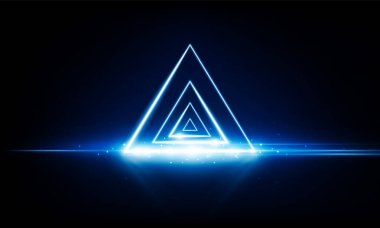 Soyut Anahtar Kapısı aydınlatma teknolojisi ve neon üçgenler ile açılıyor. Hitech iletişim konsepti yenilik arka plan, vektör tasarımı