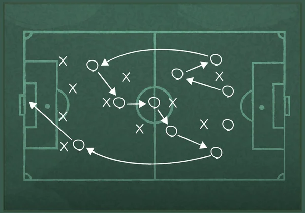 Quadro negro realista desenhando uma estratégia de jogo de futebol . —  Vetores de Stock