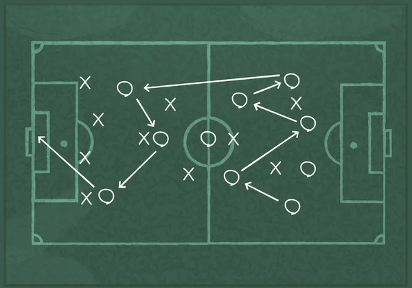 Quadro negro realista desenhando uma estratégia de jogo de futebol . — Fotografia de Stock
