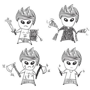 sevimli karakterler savaş kılıç, el ile vektör çizim seti