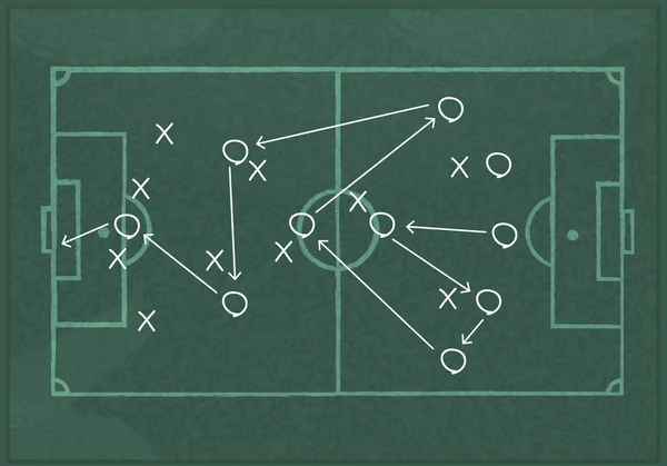 Quadro negro realista desenhando uma estratégia de jogo de futebol . — Vetor de Stock