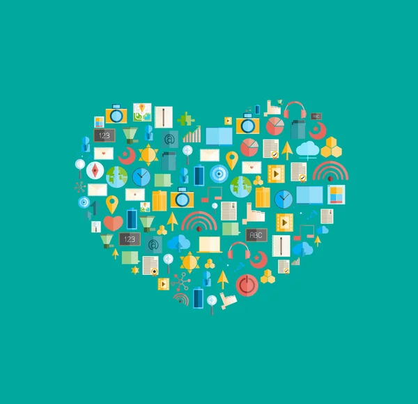 Rede social do coração com ícones de mídia fundo, vector illustr —  Vetores de Stock