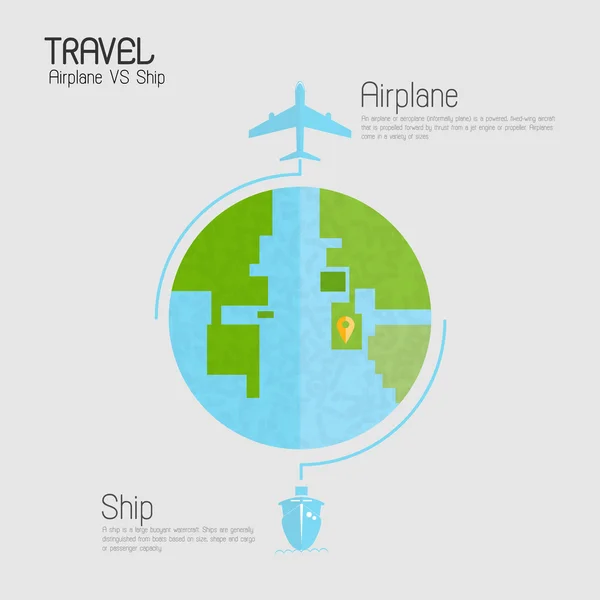 Partout dans le monde voyageant en avion vs infographie maritime, Plat — Image vectorielle