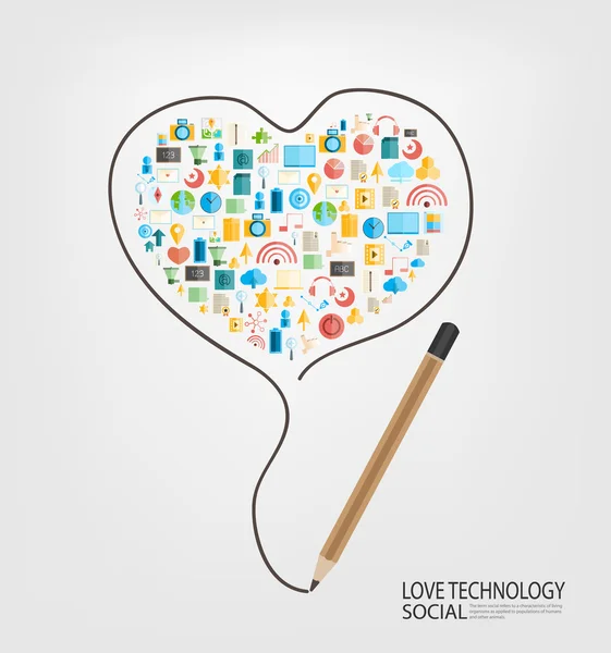 Pencil draw heart template design with social network icons back — Stock Vector