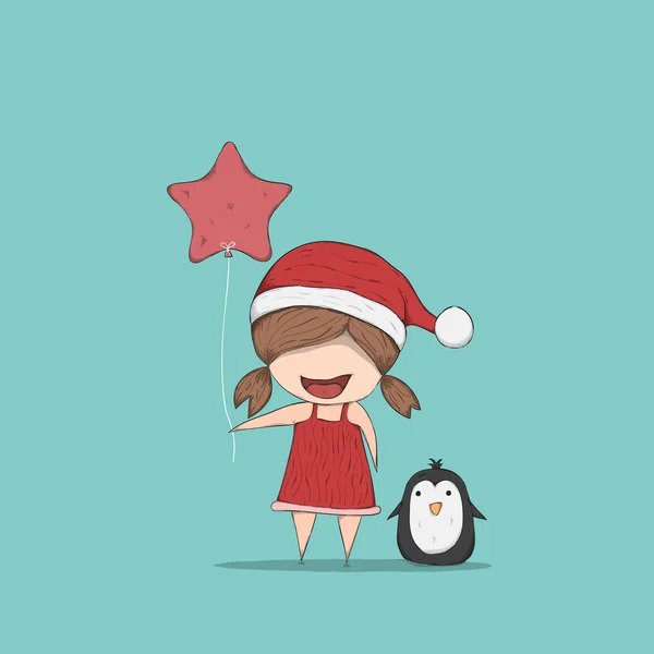 Girls and Penguin cute Christmas character. Vector illustration, — Stock Vector