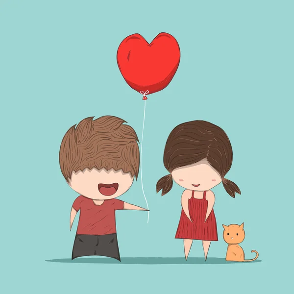 Boy heart-shaped balloons gives Girl and cat, cute Valentine's D — Stock Vector