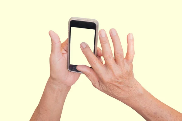 Mujer de la mano anciana usando un teléfono inteligente . — Foto de Stock