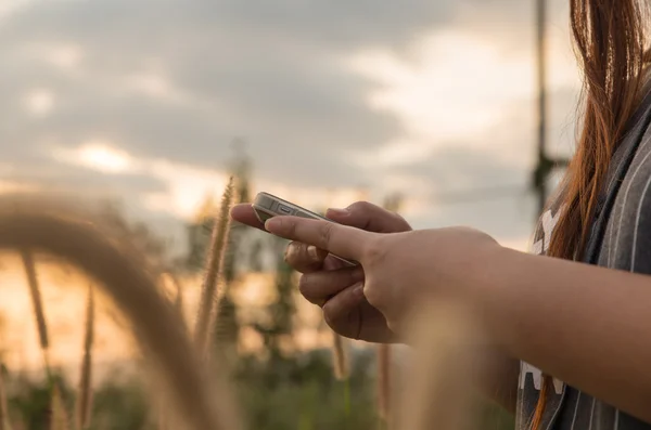 Kvinna med en Smartphone på gräs blommor bakgrund — Stockfoto