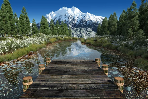 Beautiful clear canal with pine trees and mountain in the blue sky — Stock Photo, Image