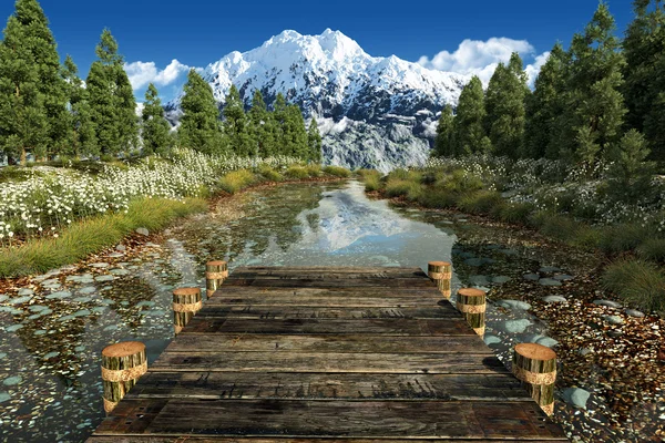 Vackra klara kanalen med pinjeträd och berg i den blå himlen — Stockfoto