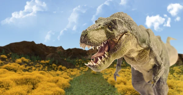 Dinosaur in mountain landscape — Stock Photo, Image