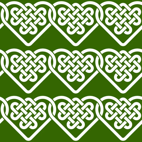 A seamless pattern made of Celtic heart shape knots, vector illustration (white knots on green background) — Stock Vector