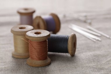 İplik makaraları ve tuvale iğneler.