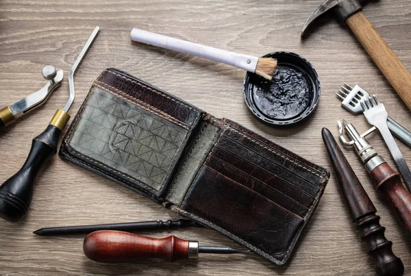 Concept of handcrafted leather goods. Production of genuine leather. Handcrafted tools. Genuine leather design