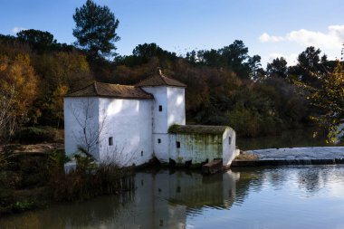 Güneşli bir sonbahar gününde eski bir su değirmeninin kırsal manzarası
