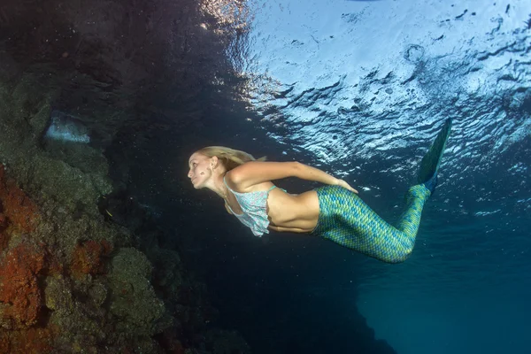 Blonde schöne Meerjungfrau Taucher unter Wasser — Stockfoto