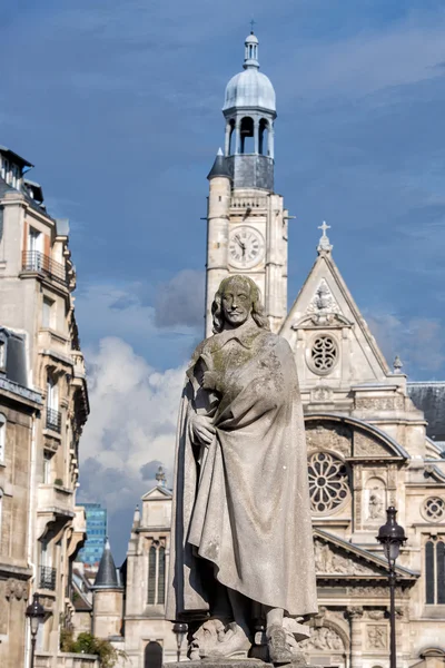 Corneille statue in paris with Saint etienne du Mont church — Stock Photo, Image