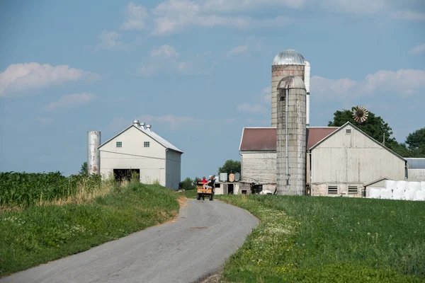 Metalowe silosu ziarno w lancaster kraju Amiszów w Pensylwanii — Zdjęcie stockowe