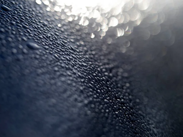 Gotas Água Orvalho Detalhes Superfície Metálica Azul — Fotografia de Stock