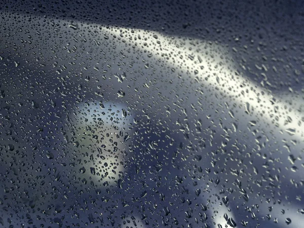 Gotas Água Orvalho Detalhes Superfície Metálica Azul — Fotografia de Stock