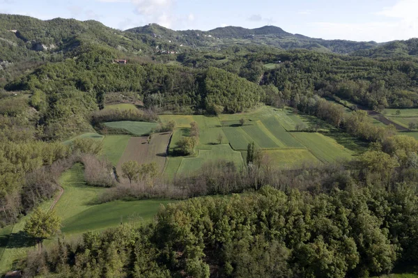 Odlade Fält Borghetto Borbera Pemonte Italien Village Antenn Utsikt Panorama — Stockfoto