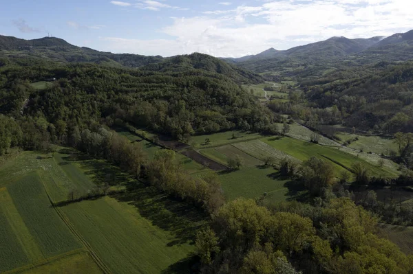 Odlade Fält Borghetto Borbera Pemonte Italien Village Antenn Utsikt Panorama — Stockfoto