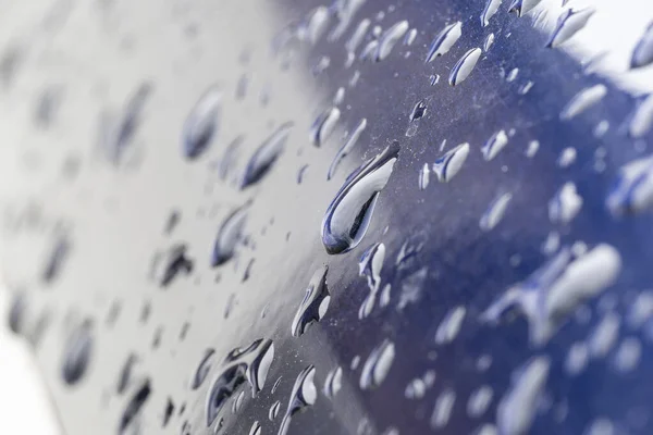 Gotas Agua Lluvia Sobre Superficie Metálica Azul Detalle —  Fotos de Stock