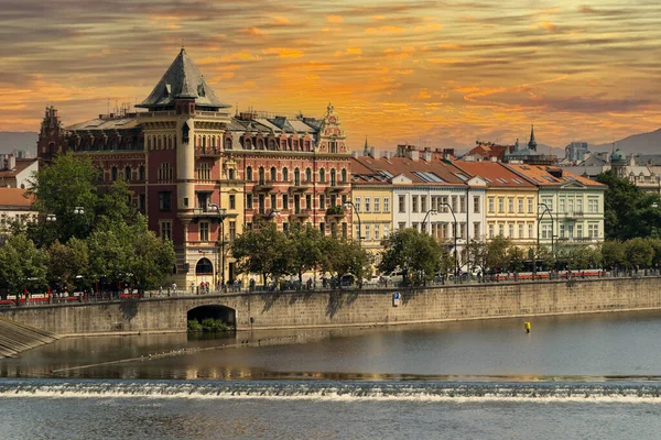 Prague Vista Paisagem Urbana Rio Pôr Sol Paisagem — Fotografia de Stock