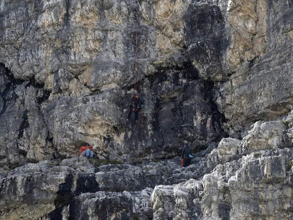 Escalada Sob Chuva Três Picos Lavaredo Dolomites Montanhas Panorama — Fotografia de Stock