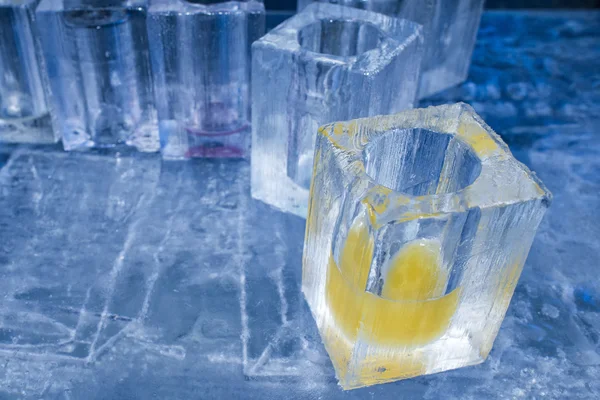 Ice blocks glasses in a ice hotel bar pub — Stock Photo, Image