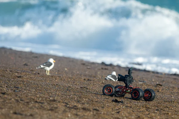 ビーチで運転中のカメラで地上の地面ドローン — ストック写真