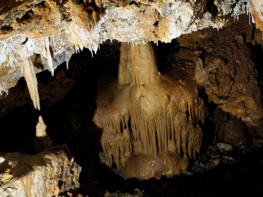 Karst mağaralarının içinde su manzarası tarafından oyulmuş sarkıtlar ve dikitler.