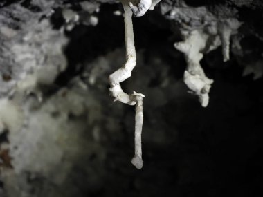 Karst mağaralarının içindeki sarkıttan suyla oyulmuş bir su damlası düşüyor.