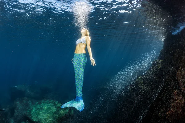 金髪の美しい人魚ダイバー水中 — ストック写真