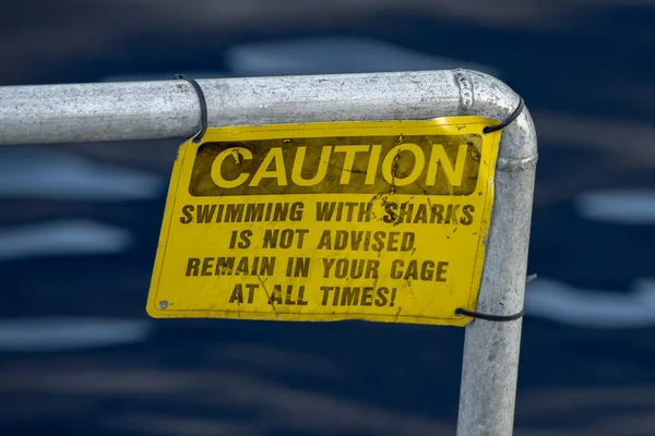 Caution swiimming with sharks yellow sign — Stock Photo, Image